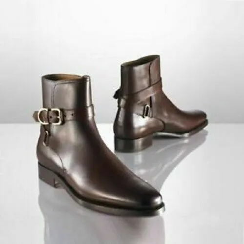 Men Handmade Boots Brown Leather Jodhpurs Strap Around Ankle Buckle Formal Boot - £141.77 GBP