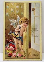 Valentine Beautiful Cherub Listening for Echo of Love Golden Emboss Postcard A10 - £5.57 GBP