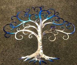 Love Bird Swirled Tree of Life Metal Wall Art Decor Blue Tinged 28" x 24" - £63.01 GBP