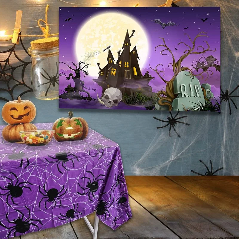 Play Halloween Decoration Tablecloth Pumpkin Spider Web Bat Plastic Table Cover  - £23.54 GBP