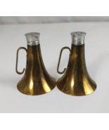 Vintage 1950s Brass &amp; Glass Hunting Bugle Horn Salt &amp; Pepper Shakers - $7.75
