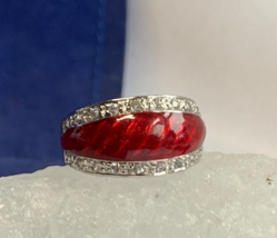 Sterling Silver Red Enamel Ring 7.4g Fine Jewelry Size 8.75 Band Clear Stones - £23.67 GBP