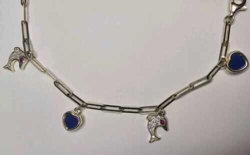 Dolphin Blue Heart Dangle Charm Anklet Adjustable Bracelet 10kt Solid Gold Item image 2