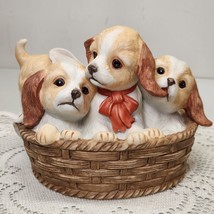 Home Interiors Masterpiece Porcelain By HOMCO Four Pups in a Basket 1990 Red Bow - $14.50