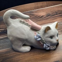 Vintage White Ceramic Cat with Pink Bow &amp; Blue Flowers - £11.92 GBP