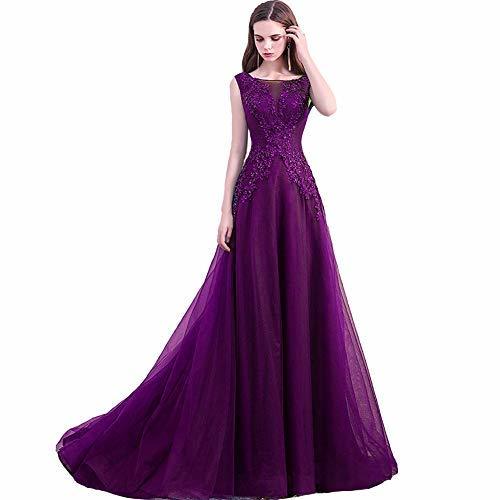 Kivary Women Sheer Bateau Beaded Lace Tulle Long Formal Prom Evening Dress Purpl