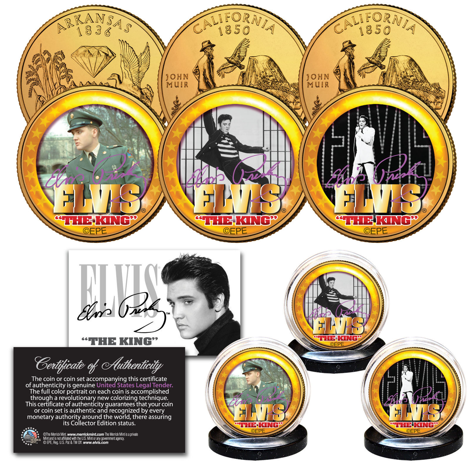 Primary image for ELVIS PRESLEY Life & Times 24K Gold Plated Statehood Quarter 3-Coin Licensed Set