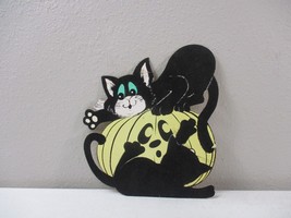 Vintage  Halloween Die Cut Cardboard Pumpkin Black felt Cat - £12.63 GBP