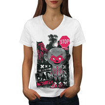Wellcoda Bad Monkey Stop Zombie Womens V-Neck T-shirt, Bad Graphic Design Tee - £15.73 GBP