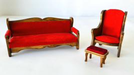 Dollhouse Miniature Wood &amp; Velveteen Sofa Chair Footstool Hall&#39;s Lifetim... - £41.84 GBP