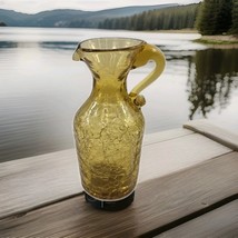 Vintage AMBER Crackle Blown Glass Small Pitcher Vase Applied Handle Art ... - $241.39 MXN