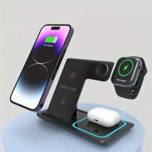 3 in 1 Folding Wireless Charging Station | Gadgets Charging Station | Black - £38.27 GBP