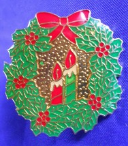 Christmas Holiday Wreath &amp; Candles Brooch Lapel Pin - $3.00