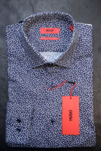 HUGO BOSS Uomo Kenno Slim Fit Blu a Macchie Cotone Camicia 38 15 - $64.14