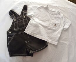 VINTAGE Baby Gap Overalls Shorts SET Black Denim Shortalls &amp; BEAR Top Ba... - $24.66