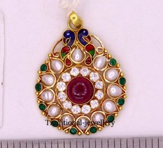 22K Yellow Gold Peacock Enamel Pearl Jadau Vintage Fabulous Pendant Jewelry PP29 - £546.20 GBP