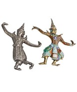 VINTAGE TWO STERLING SILVER SIAM DANCERS BROOCHES, ONE DECORATED WITH EN... - $83.15