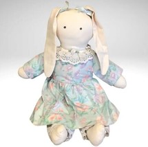 Bunny Rabbit Rag Doll Floppy Ear Blue Floral Dress Handmade Muslin Soft Body Toy - £11.03 GBP