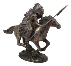 Native Indian Chief Spear Warrior With Eagle War Bonnet Roach On Horse Statue - £55.14 GBP