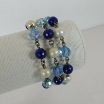 Crown Trifari Faceted Blue Beads Faux Pearl Three Strand Bracelet Signed Vintage - £19.13 GBP