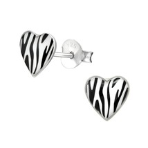 Heart 925 Silver Stud Earrings with Zebra Print for Kids - £11.26 GBP