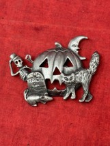 Halloween Metal Brooch Pin Signed AJC Jack O Lantern Cat Skeleton Rat Moon VTG - £14.86 GBP