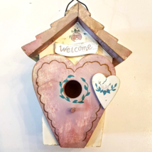 Welcome Wood Birdhouse 7.5&quot; Pink Heart Shape Country Farmhouse Wooden Ho... - $19.72