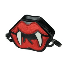 Glittery Red Vampire Lips With Fangs Black Vinyl Crossbody Handbag - £30.95 GBP