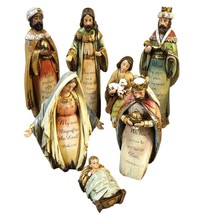 Set 7 Bible Verse Resin Nativity Set Primitive Christian Jesus Wood Look - £35.86 GBP