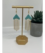 Teal chevron with gold chain fringe dangle earrings | polymer clay earrings - £11.81 GBP