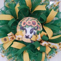 Sunflower Cow Wreath Farmhouse Mesh Decor 24x8 Summer Porch Accent - $59.99