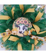 Sunflower Cow Wreath Farmhouse Mesh Decor 24x8 Summer Porch Accent - $59.99