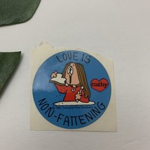 Vintage Cathy Love is Non Fattening Sticker 1982 Blue Round Cartoon - £7.03 GBP