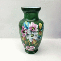 Hand Painted Green Floral Vase Glass Vintage Pink White Blue Flowers Gold - £78.32 GBP
