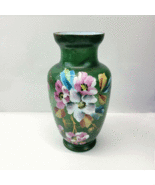 Hand Painted Green Floral Vase Glass Vintage Pink White Blue Flowers Gold - £77.10 GBP