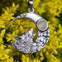 Howling Wolf Necklace Moonstone Moon Viking Norse 18&quot; Chain 925 Silver Boxed - £34.91 GBP