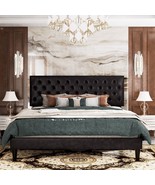 Queen Black Faux Leather Upholstered Platform Bed with Button-Tufted Hea... - $7,406.90 MXN