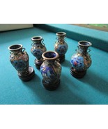 CHINESE AUTHENTIC CLOISONNE 6 MINI JARS VASES 2&quot; WITH WOODEN STAND IN OR... - $170.59 CAD
