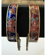 Pair Vintage Cloisonné Enamel Butterfly Flower Hinged Bangles w/Chains R... - $64.99