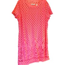 Isaac Mizrahi Women&#39;s Shift Dress Pink Geometric Lined Jewel Neck Short Sleeve L - £15.56 GBP