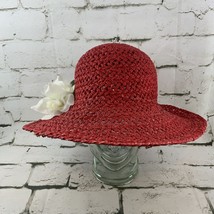 Red Paper Hat White Flower Accent Fancy Sunday Church Hat Wide Brim - $19.79