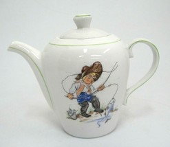Vintage Childs Porcelain Teapot White w Green Trim Child Fishing West Germany - £8.64 GBP