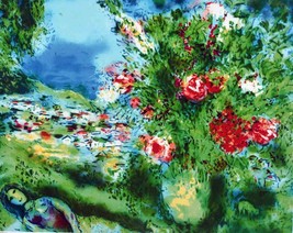 Marc Chagall Paysage Placa Firmado Offset Litografía Mujer Jardín Floral Arte - £81.69 GBP