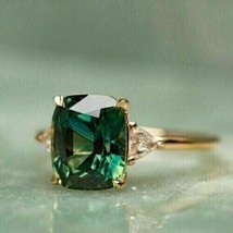 2Ct Cushion Simulated Emerald Engagement Three-Stone Ring 14k Yellow Gold Plated - £95.47 GBP