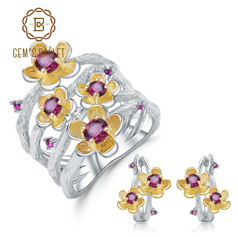 Real 925 Sterling Silver Handmade Flower Jewelry Set 2.14Ct Natural Rhodolite Ga - £87.15 GBP