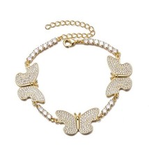 Women&#39;s Iced Out Butterfly CZ Tennis Chain Gold Tennis Ankle Bracelet - £34.19 GBP