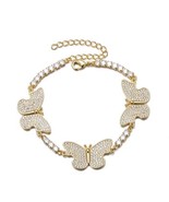 Women&#39;s Iced Out Butterfly CZ Tennis Chain Gold Tennis Ankle Bracelet - £33.24 GBP