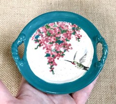 Signed Hand Painted Art Pottery Trinket Dish Hummingbird Flowers Cottagecore - £15.82 GBP