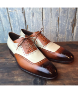 Handmade Men&#39;s Leather Oxfords Spectators Two Tone Casual Wingtip Shoes-382 - £196.39 GBP