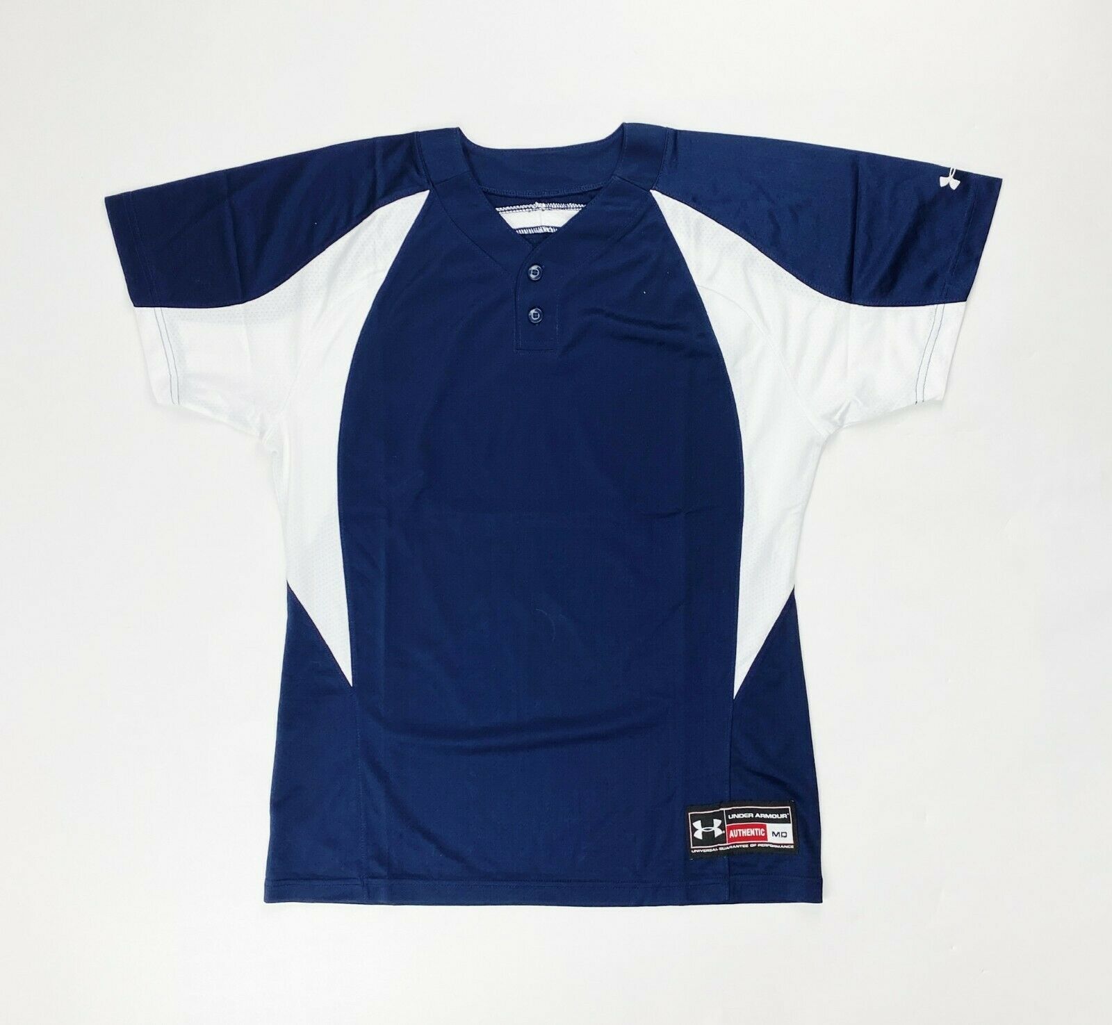 Primary image for Under Armour Stock Two Button Baseball Jersey Men's Medium Navy Blue White